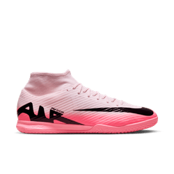 pink and white indoor soccer shoes