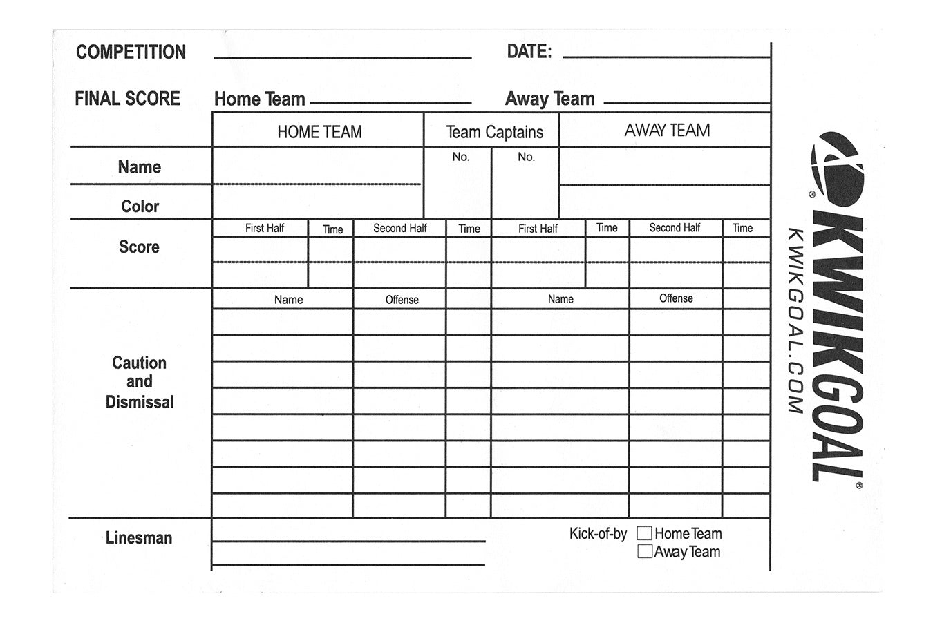KWIKGOAL Referee Score Sheets